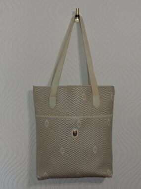 Rare MARK CROSS Azur Ivory Leather Coated Canvas Chevron Tote Bag Vintage Italy